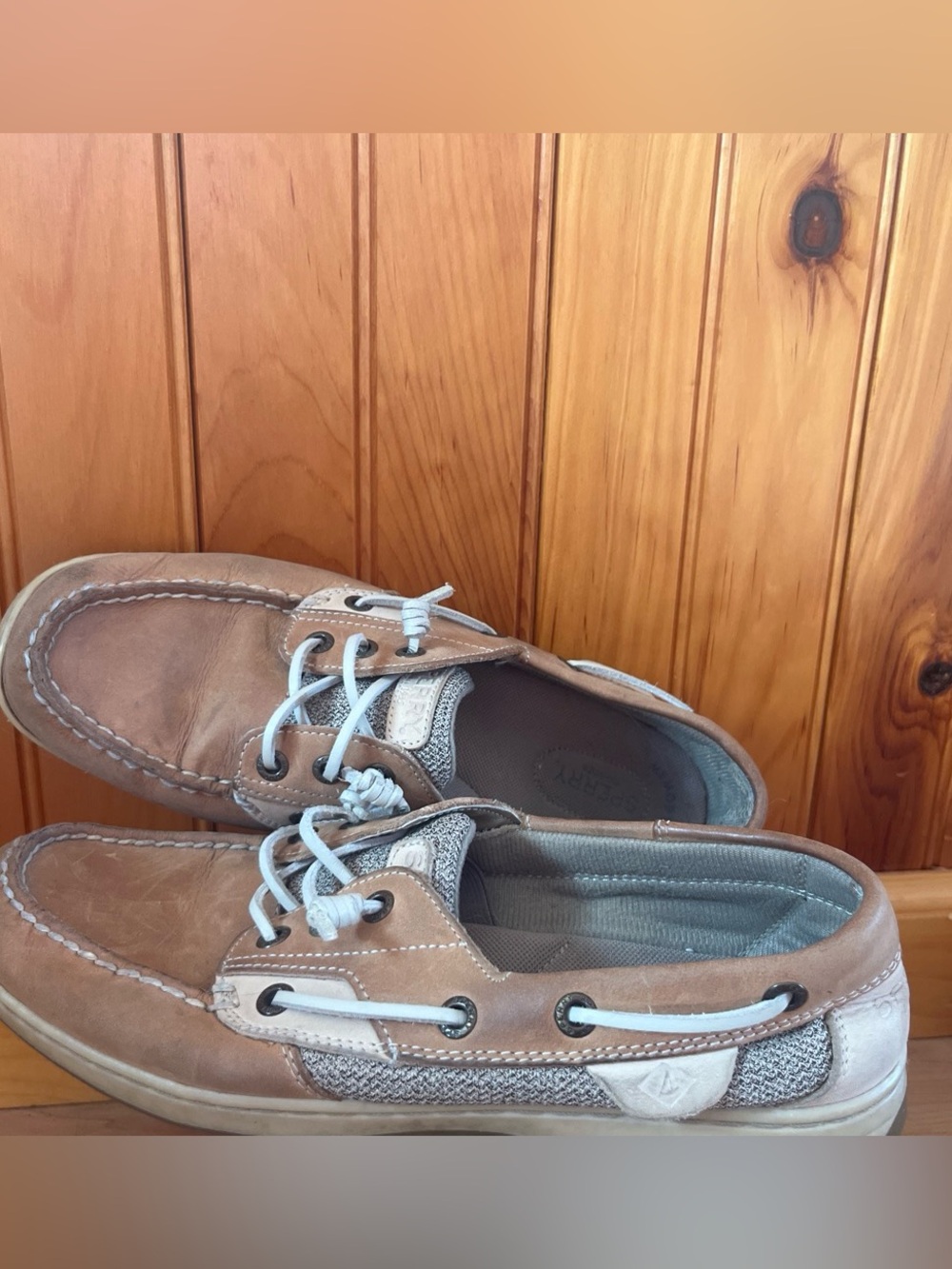Sperry Men's Light Brown Leather and Canvas Boat Shoes with White Laces